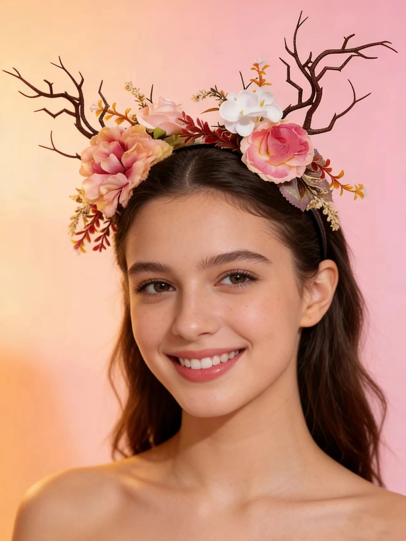 Serre-tête style forêt frais et simple avec décoration de couronne de fleurs artificielles