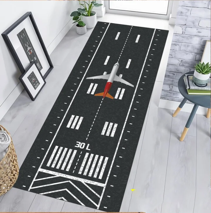 سجادة طريق المدرج الرمادية للأطفال، سجادة لعب تحت عنوان طائرة المطار لغرف اللعب وغرف النوم، سجادة لعب مثالية للطيران، متعة الأطفال