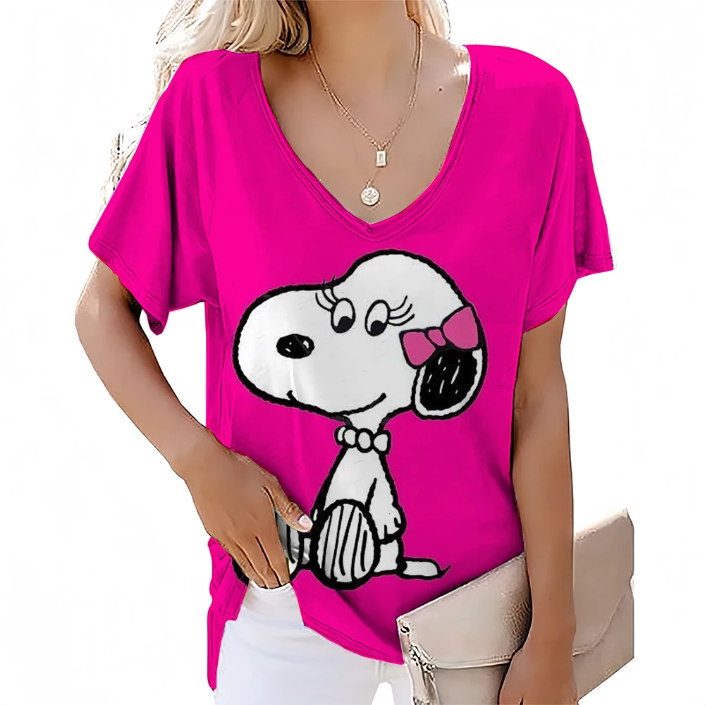 Snoopy print Design Minimalist Print Comfortable Women's V-neck T-shirt Summer Vitality Street High Quality Short Sleeved Top ﻿