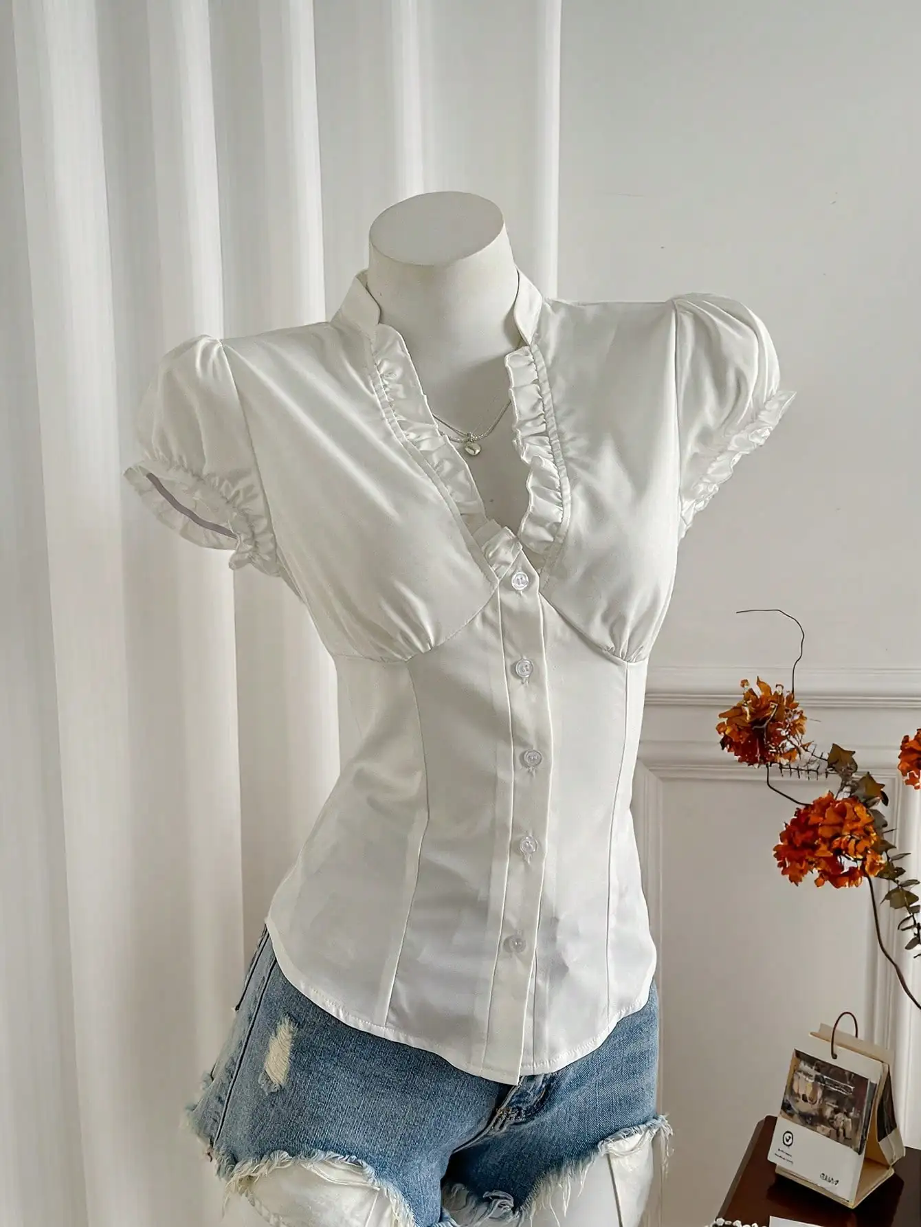 

White Ruffle V-Neck Short Sleeve Blouse with Pleated Waist and Puff Sleeves for Women