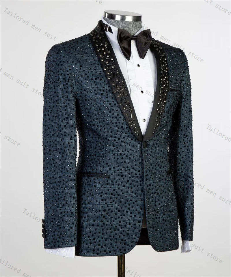 

Blue Luxury Men Suits Set 2 Pieces Blazer+Black Pants Trousers Beaded Crystals Wedding Tuxedos Jacket Formal Office Groom Coat