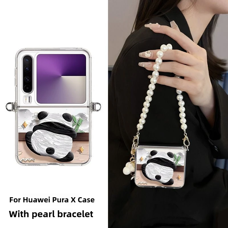 For Huawei Pura X Case Folding Screen Transparent Silicone Red Panda with Lanyard Crossbody Tide Shell for Huawei Pura X