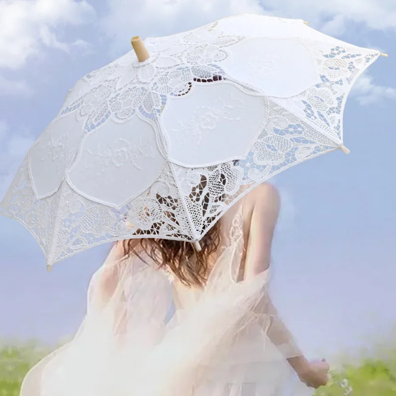 

White Western Bridal Umbrella Hollow Lace Wedding Photography Production Prop Lotus Umbrella Industry Fabric C