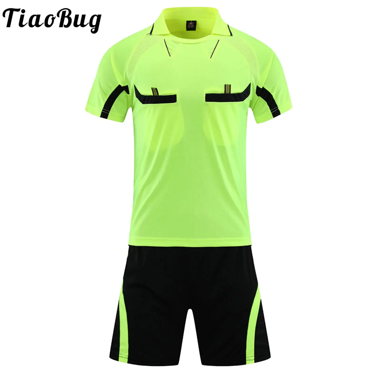 Mens Soccer Referee Outfit Short Sleeve Tracksuit Turn-Down Collar T-shirt with Mid Waist Shorts Running Football Match Uniform