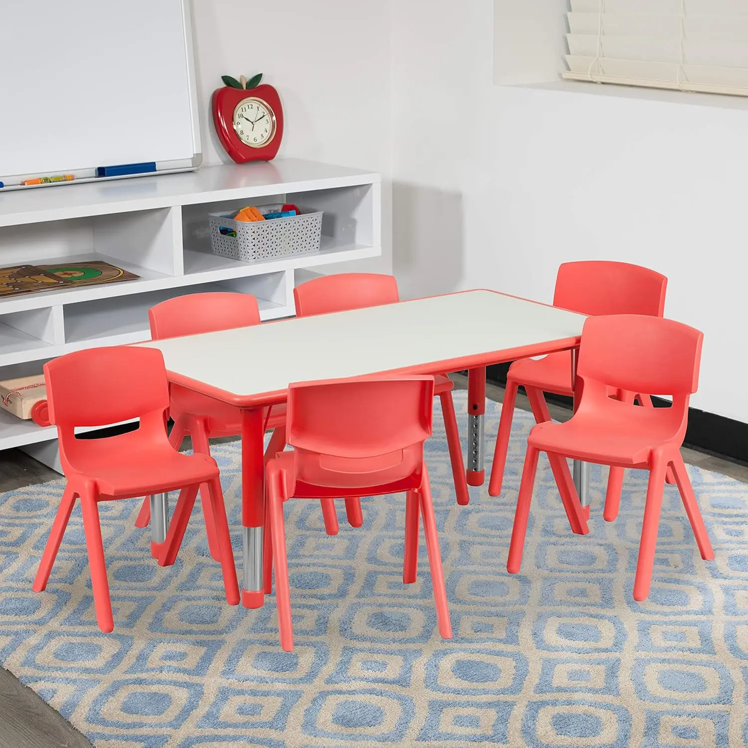 Mesa de actividades ajustable para el aula Emmy con 6 sillas apilables, mesa de actividades rectangular de plástico para niños