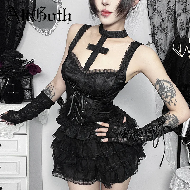 

AltGoth Gothic Dark Y2k Vest Women Halloween Streetwear Hotsweet Lace Patchwork High Waist Bandage Cross Halter Crop Tank Tops