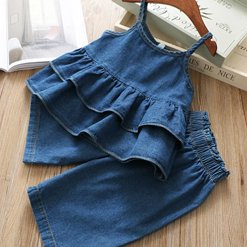 Humor Bear Summer Girls' Clothing Sets Korean Denim Suspender Jacket Top+Wide Leg Pants 2Pcs Casual  Kids Clothes