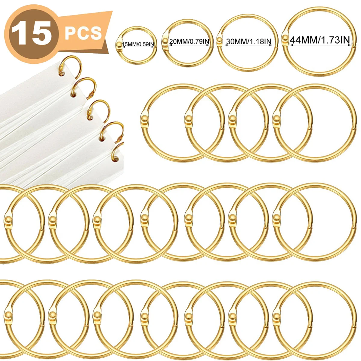15Pcs Gold Metal Ring Binder Set 15/20/30/44mm DIY Loose Leaf Book Hoop Open Office Binding Supplies Album Fine Writing Tools