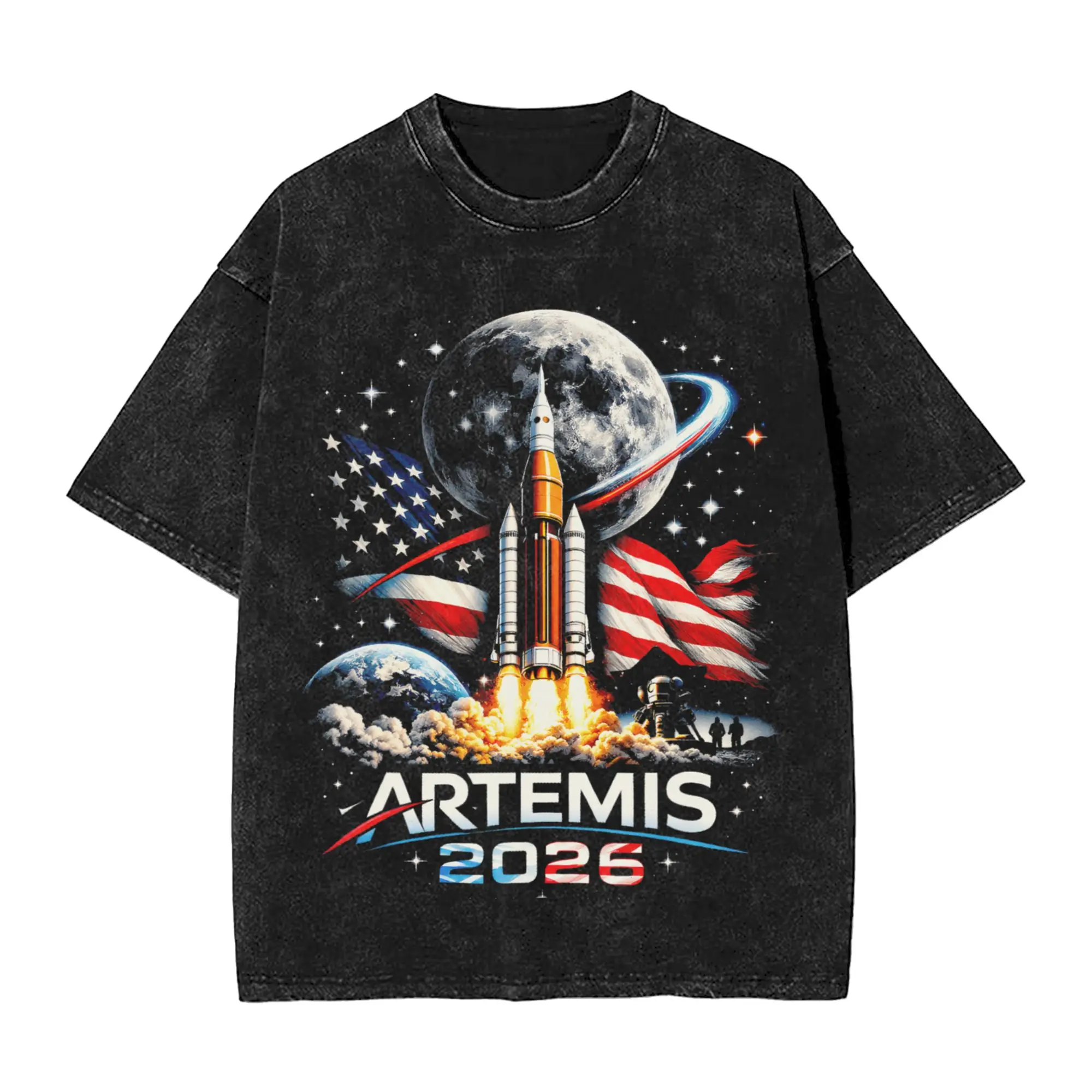 Artemis II Launch to The Moon 2026  Washed T-Shirt Mens  Y2K Funny Cotton T Shirts Summer Breathable Trending Tees Simple