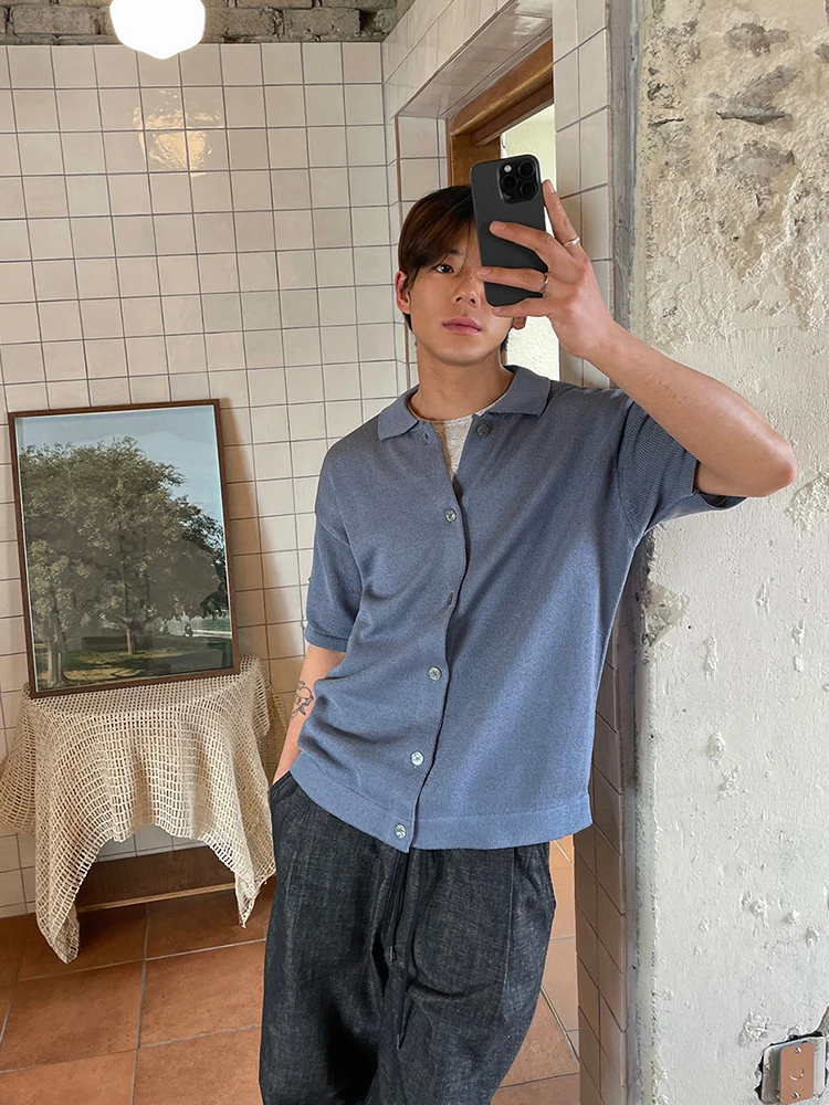 

Синий вязаный кардиган-топ для мужчин: летний, повседневный, удобный, универсальный, с заниженной линией плеча