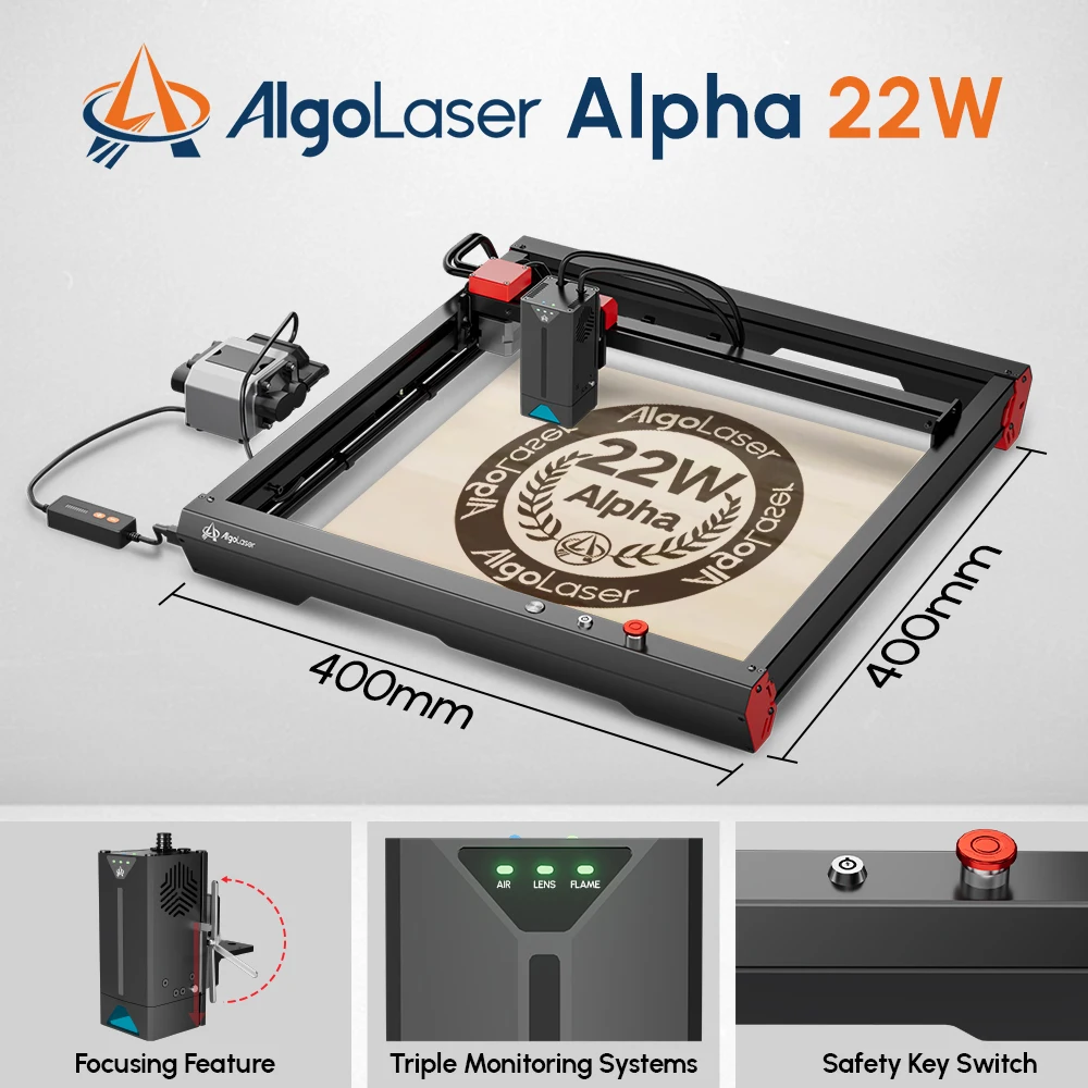 Imagem -03 - Algolaser Alpha 22w Máquina de Gravação e Corte de Madeira Bomba de Assistência de ar Mesa de Favo de Mel Raiser Pés Suporte Impressão Offline 400 400 mm