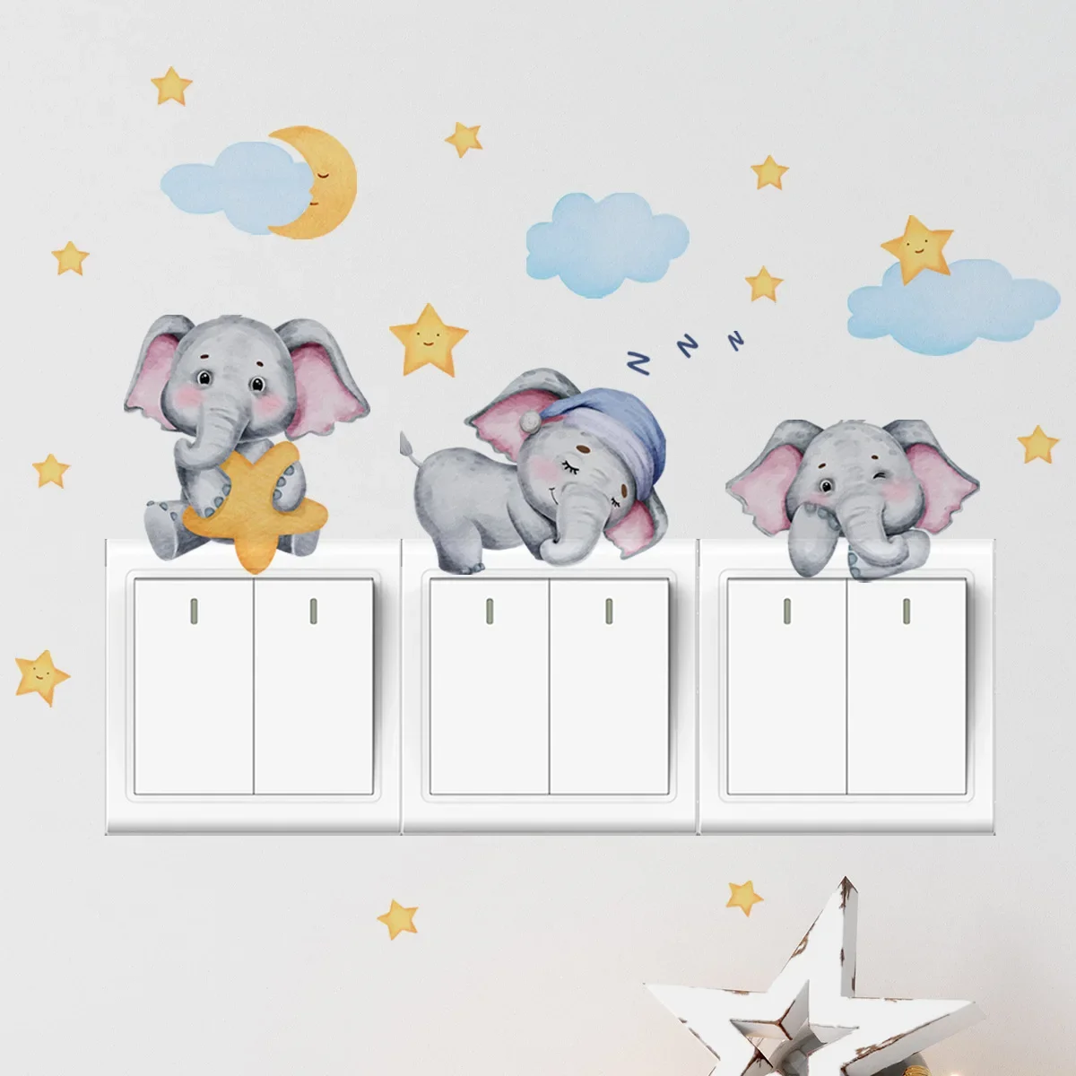 Lazy little Elephant Star Switch Sticker Kid Baby Bedroom Decoration Self-adhesive Home Decor Wallpaper Child wall stickers