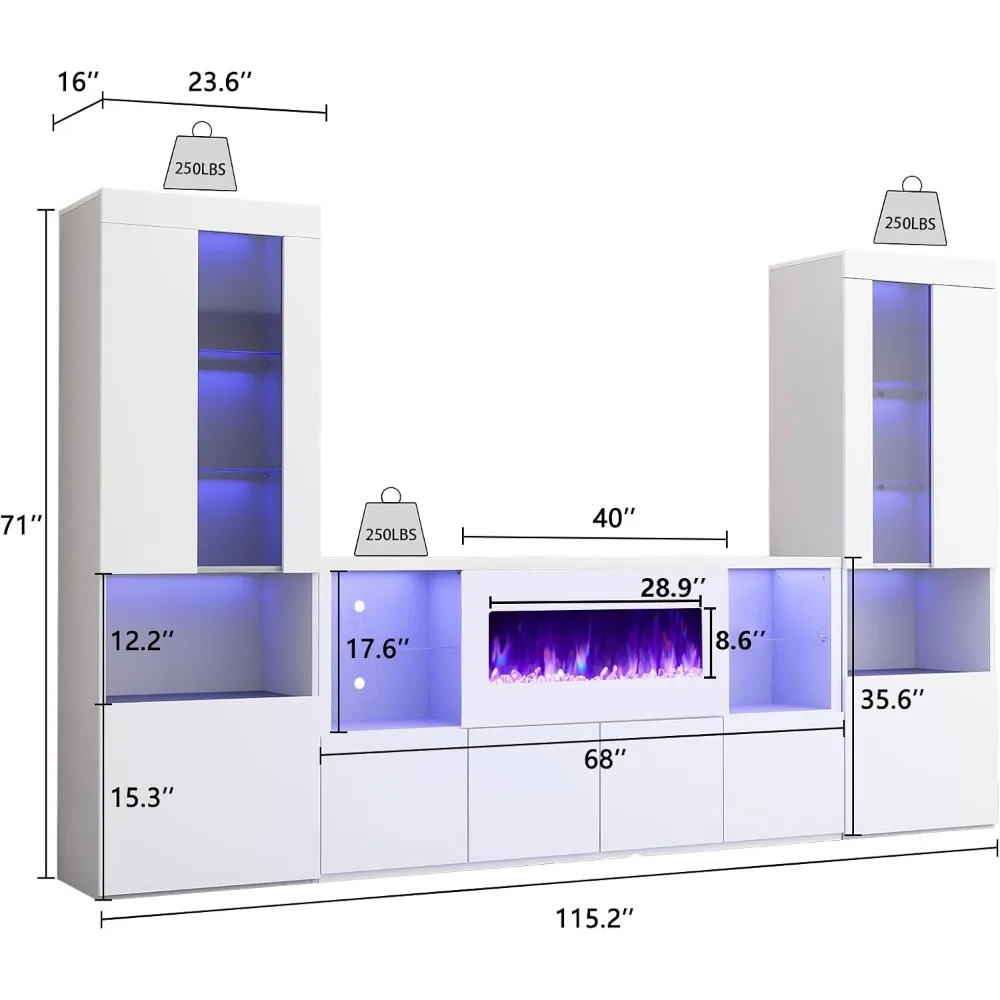 3 Piece Modern High Gloss Fireplace TV Stand + Bookcase Set for Living Room Includes 68