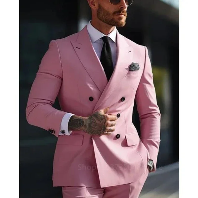 2 Pieces  Solid Men Suits Set Fashion New Men\'s Formal Business/Wedding Groom Suits Peak Lapel Double Breasted Blazer Trousers