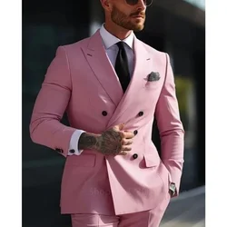 2 Pieces  Solid Men Suits Set Fashion New Men's Formal Business/Wedding Groom Suits Peak Lapel Double Breasted Blazer Trousers