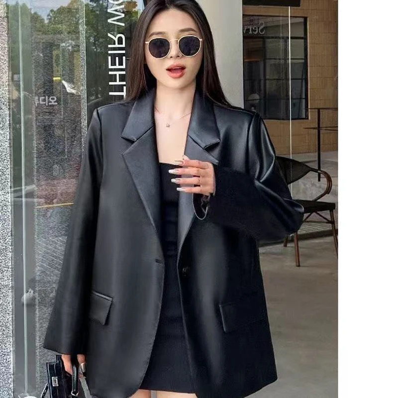 Women Black Soft PU Leather Blazer Shoulder Pads Long Sleeve Single Breasted Loose Casual Jacket Tops 2025 Korean Fashion Coat