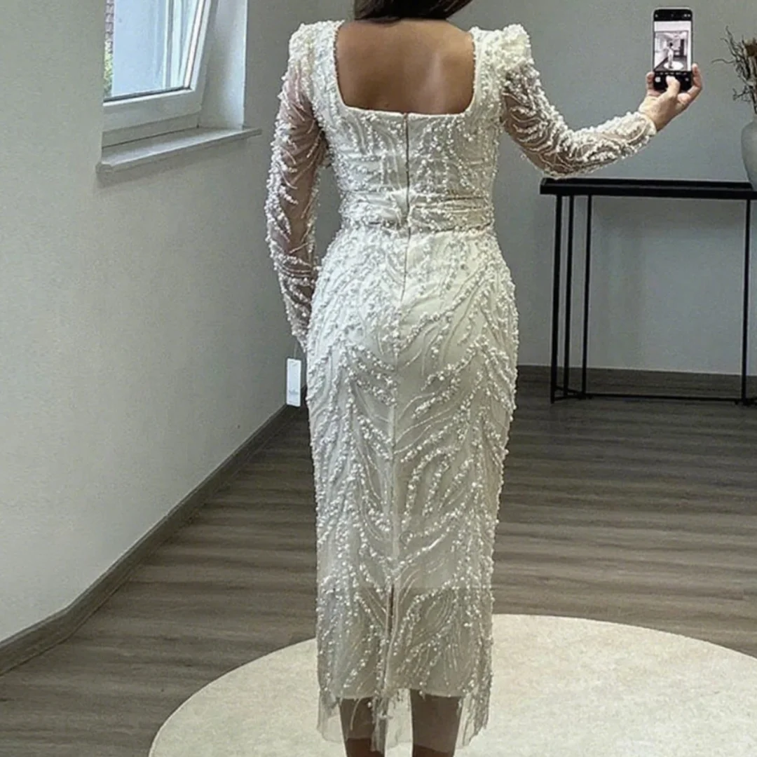 فساتين سهرة نسائية فاخرة بأكمام طويلة من الدانتيل والترتر حورية البحر لحفلات الزفاف بطول الشاي للحفلات الراقصة