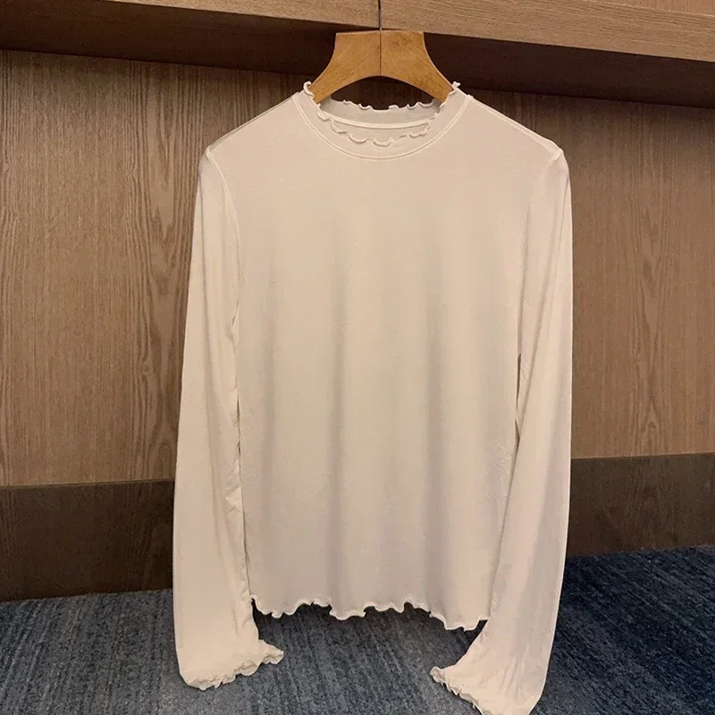 

White Tops Tee Women Long Sleeved Perspective T-shirts Thin Soft Bottoming Tshirts