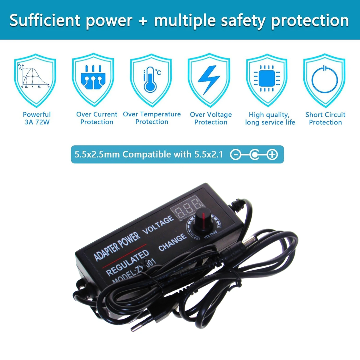 Adjustable Power Supply AC 220V TO DC 3V 9V 12V 24V 36V 72W Power Adapter with 9 Plug Connect Universal Adapter For LED Strip