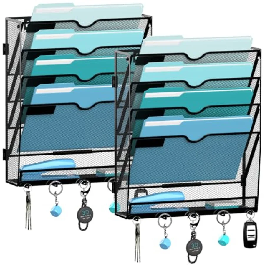 

2 Pack 5 Tier Wall File Organizer - Hanging File Organizer with 5 Hooks Mail Holder Wall Mounted for Papers Folders Magazines B