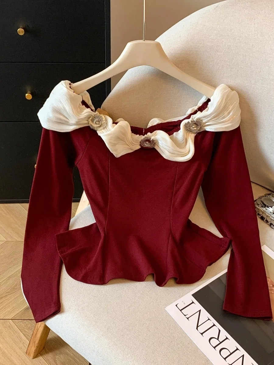 Renda vermelha guarnição ort irt feminino outono inverno bonito saia um ombro base irt topo coreano sle commute sle cintura cinch