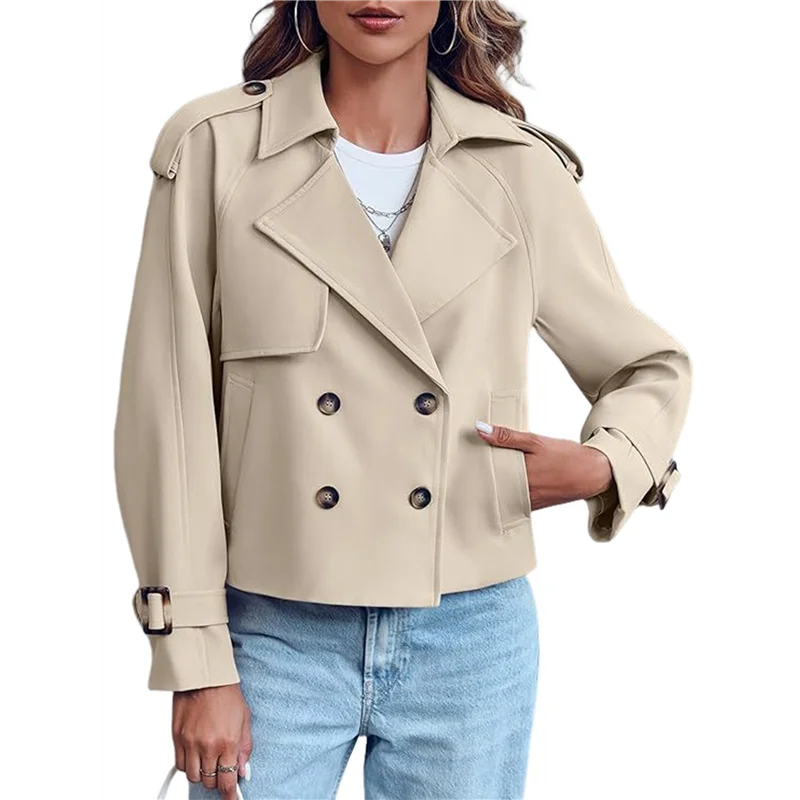 

COSW-Women Long Sleeve Double Breasted Notched Lapel Casual Loose Fit Cropped Trench Jackets With Pockets
