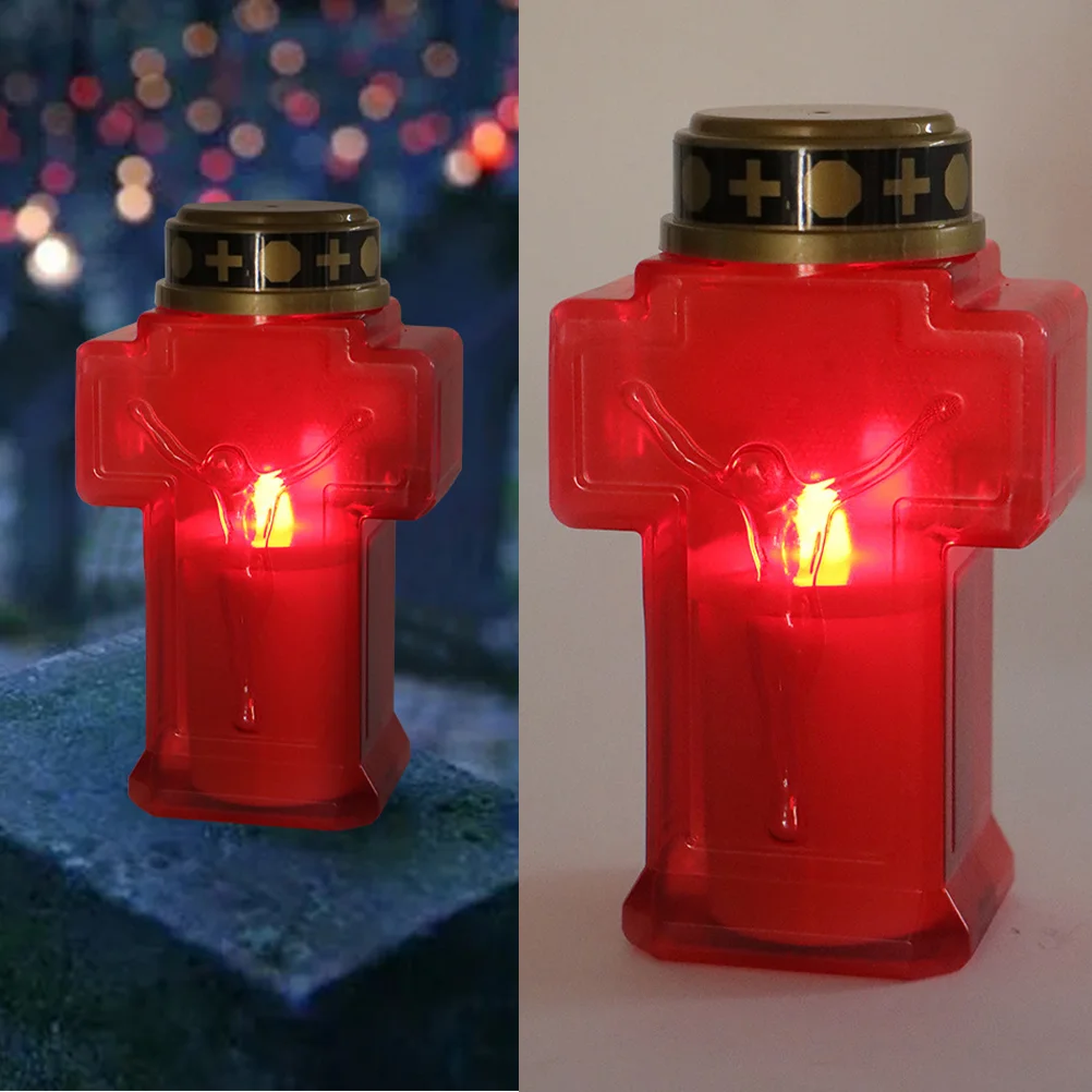 Velas sem chama decorativas piscando, Lâmpadas cruzadas, LED de plástico, Lâmpada vermelha, Jesus religioso, Tealights Night, 2 pcs