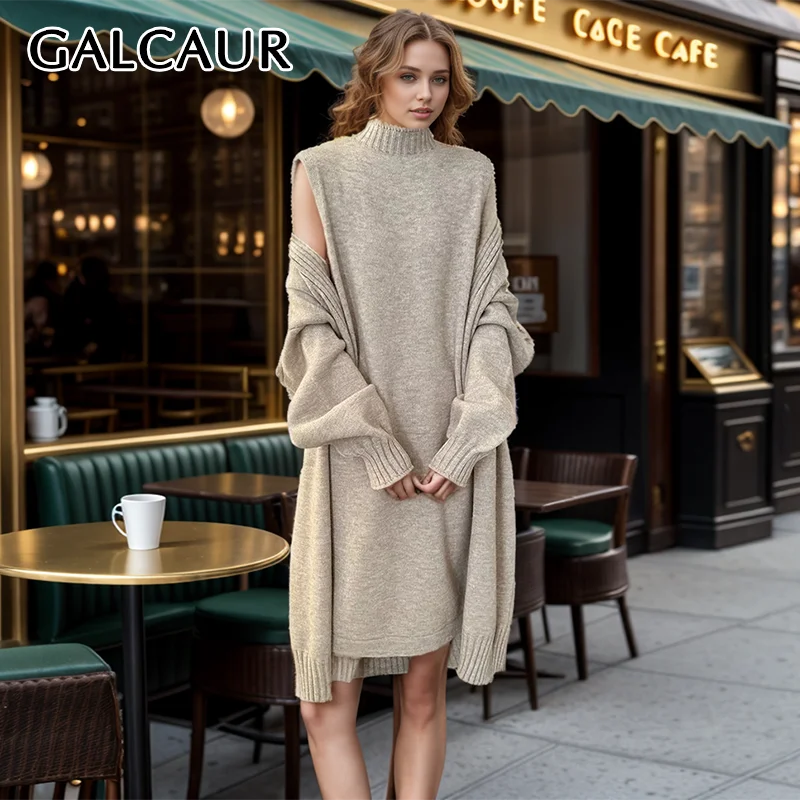 

GALCAUR Solid Knited Autumn Suits For Women Long Sleeve Loose Cardigan Coat Stand Collar Midi Sundresses Female Clothes 2024 New