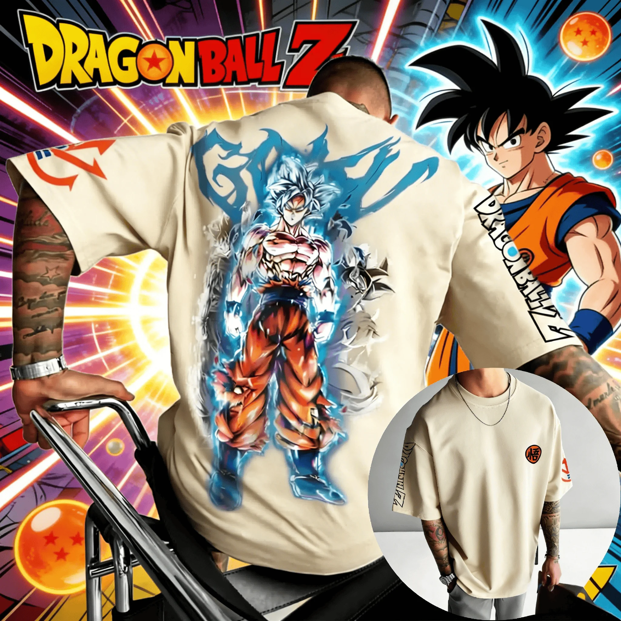 Camiseta Beige de Algodón para Hombre, Estilo Oversize, con Estampado de Goku Ultra Instinto de Dragon Ball, Verano 2026, Manga Corta, Unisex, Casual, Estilo Urbano