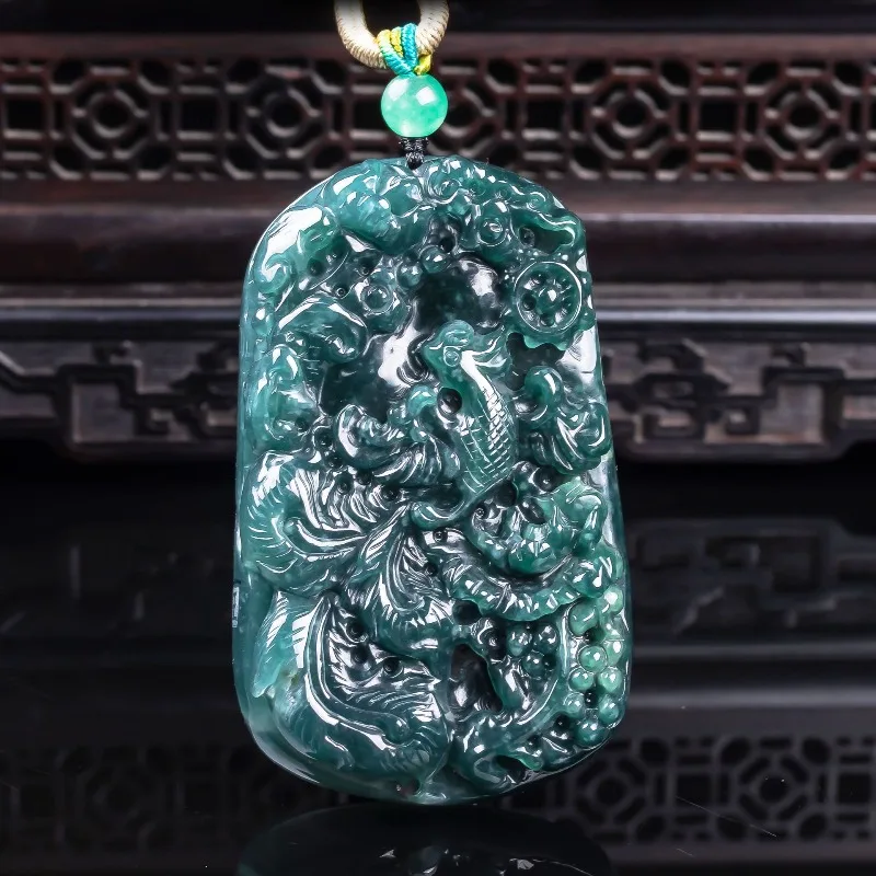 New Natural Jadeite Blue Water Phoenix Peony Pendant Necklace Carved Charm Jadeite Jewelry Fashion Amulet Gifts Certificate