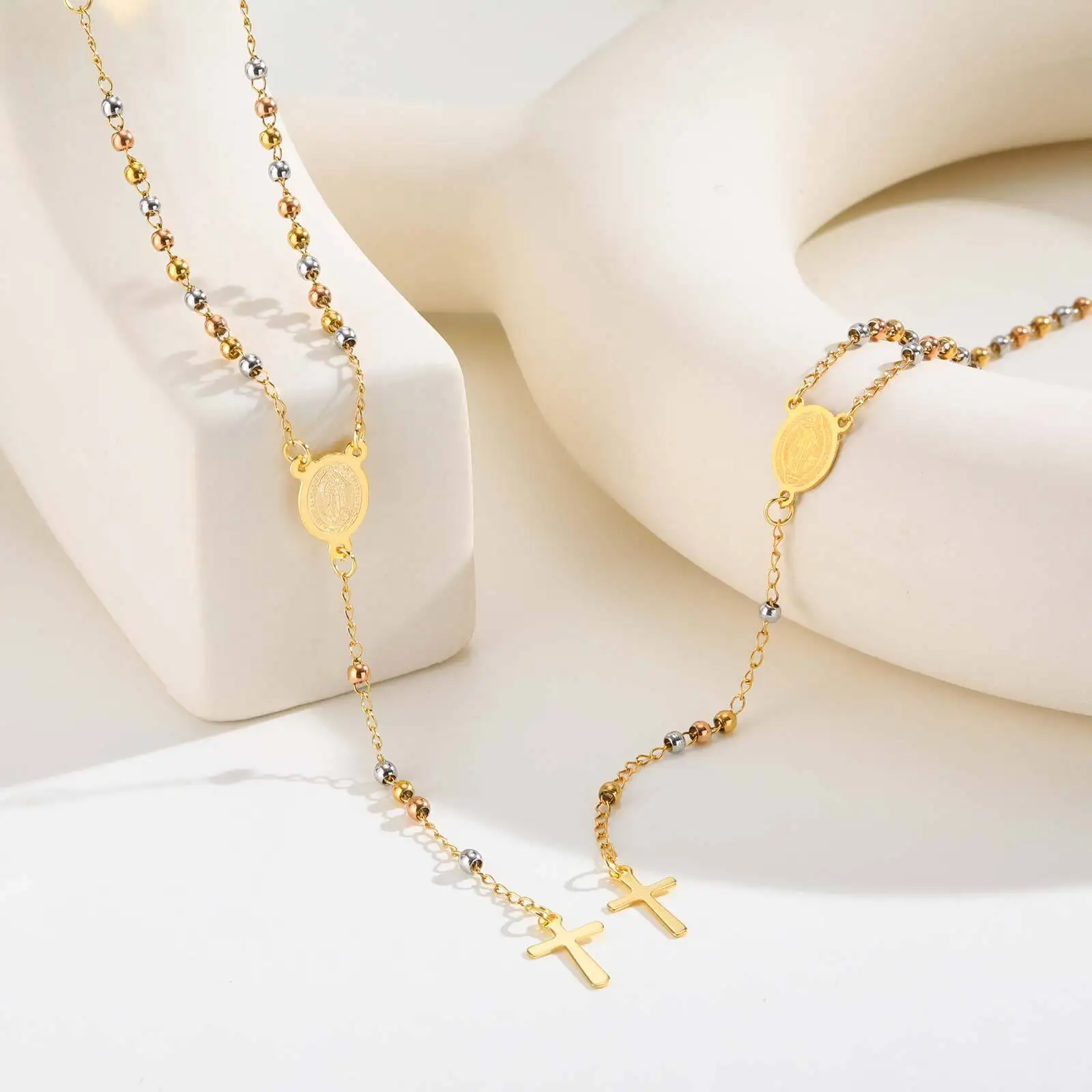

Vnox Stainless Steel Three Colors Beads Necklace Religion Saint Benedict Virgin Mary Necklaces long chain Collier Jewelry
