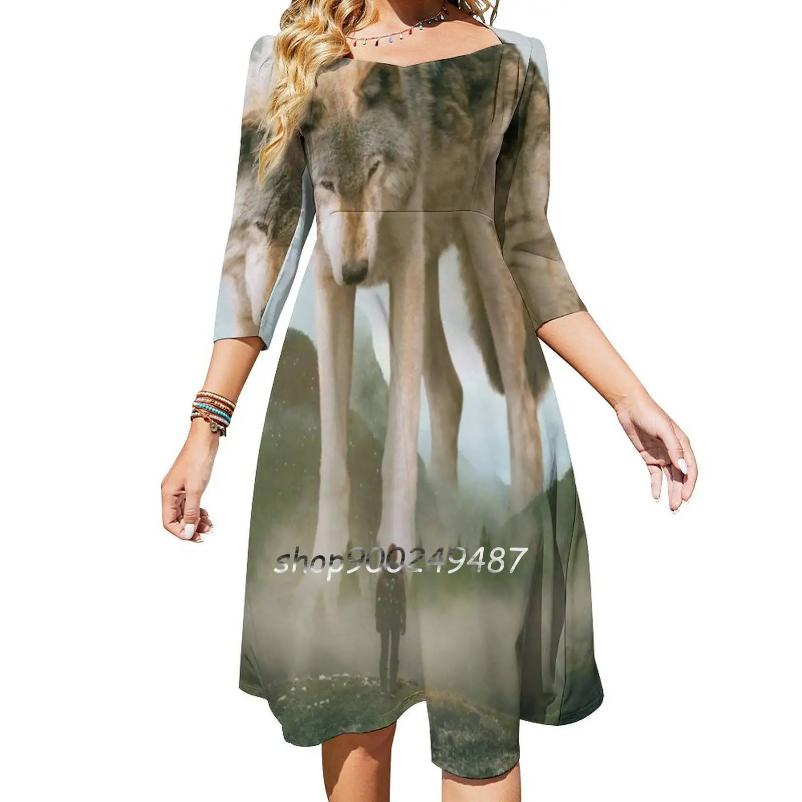 Aegis | Wolf Women Casual High Waist Mini Dress Short and Long Sleeve Dresses Fashion Dress Aegis Wolf Timber Wolf Animals