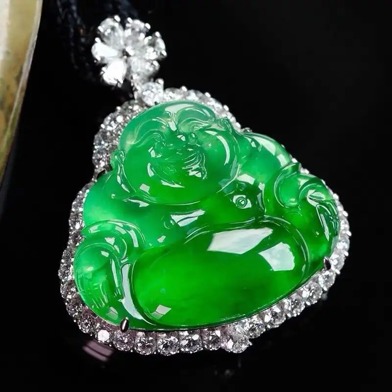 Ice-type bright floral-patterned fully smiling Buddha inlaid pendant imperial green jade Bud