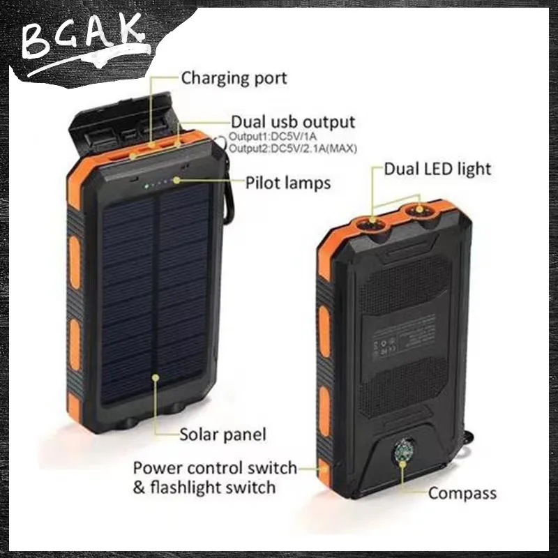 Real Capacity 200000mAh  Large Capacity Solar Power Bank New Portable With Lanyard Compass External Battery Outdoor Camping Char