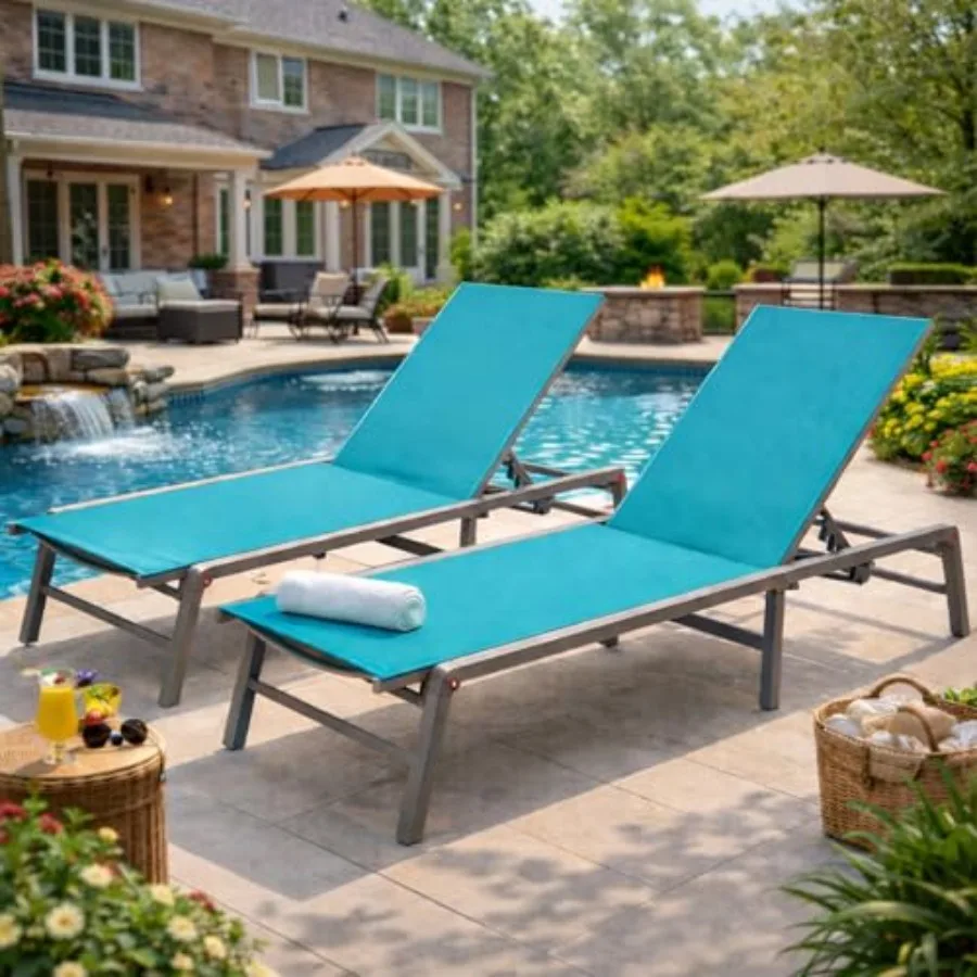 

Комплект из 2 складных уличных шезлонгов с алюминиевым каркасом, регулируемой спинкой в 5 положениях, не требует сборки