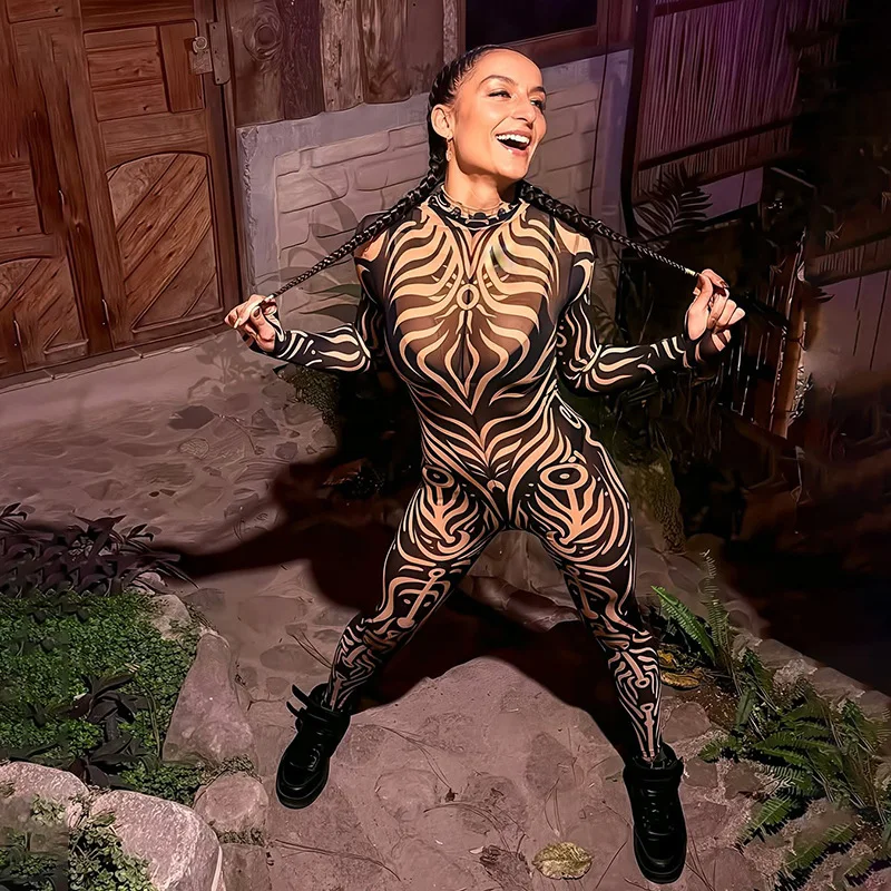 

STYLISH LADY Geometrical Printed Jumpsuits 2025 Autumn Women Long Sleeve O Neck Hipster Sexy Midnight Party One Piece Overalls