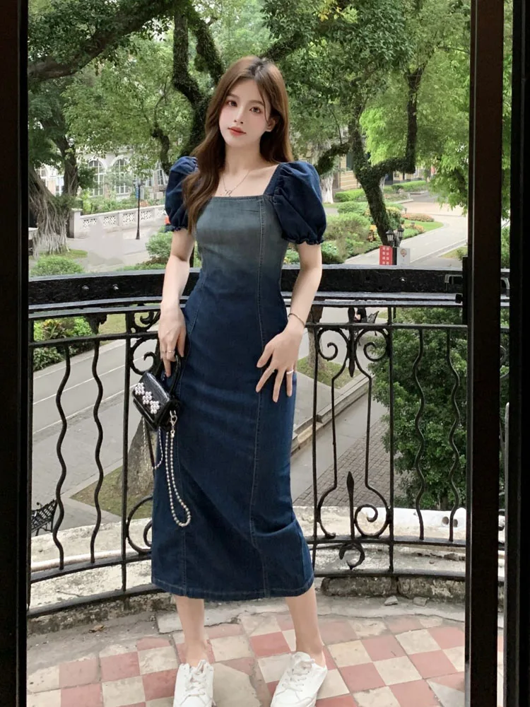 

Retro gradient square collar bubble sleeve denim dress women's summer waist slim over the knee long hip skirt