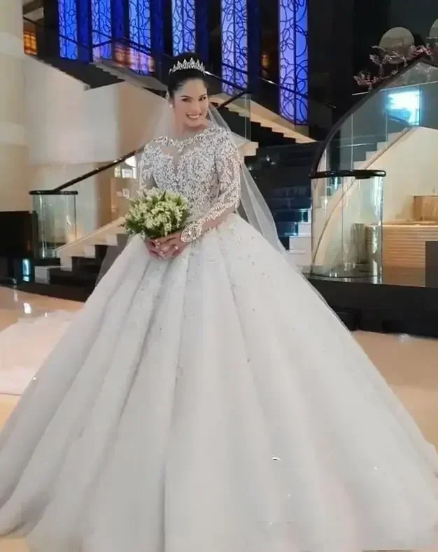 Personalizado novo vestido de baile muçulmano vestidos de casamento jóia pescoço rendas apliques contas lantejoulas mangas compridas catedral árabe formal br