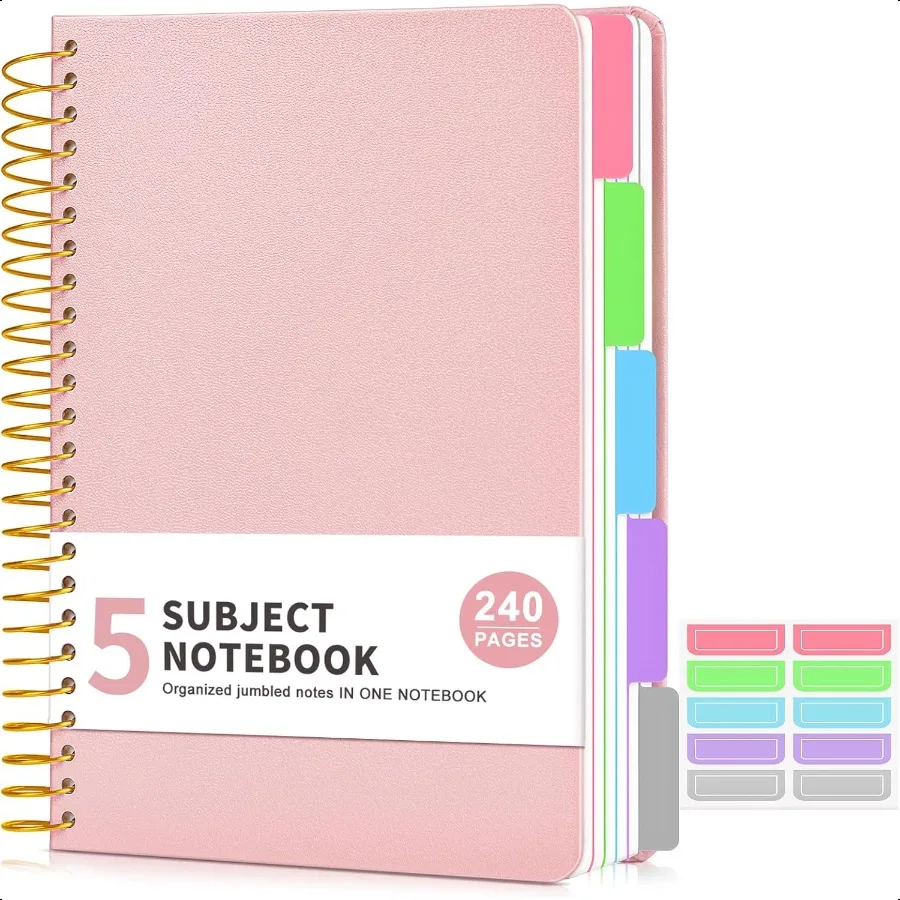 5 موضوع دفتر كلية مسطرة A5 دفتر دوامة بغلاف مقوى مع علامات تبويب فواصل الجيب القابلة للإزالة 240 صفحة رحلة حلزونية مبطنة