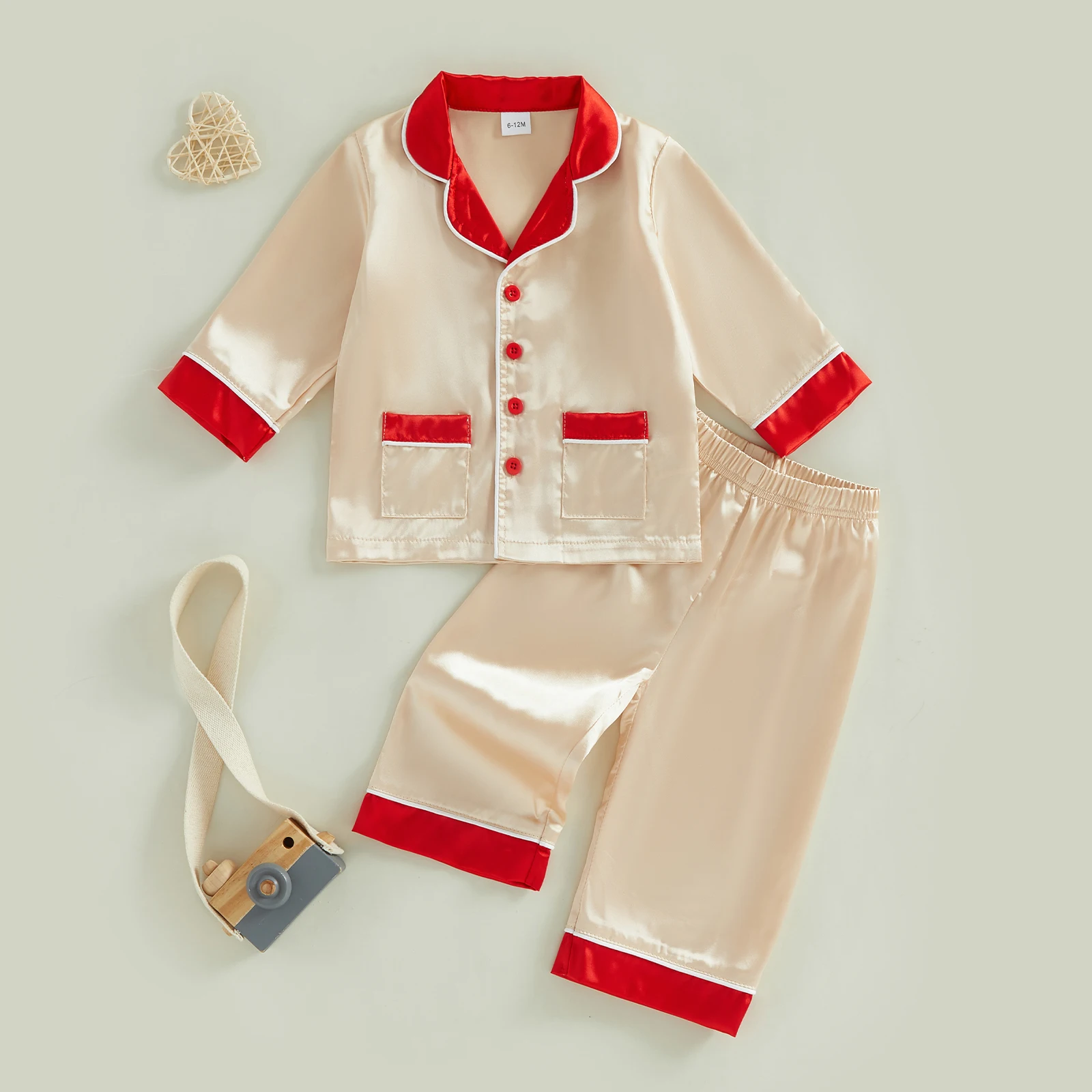 

Little Girls Boys Satin Pajamas Sets Fashionable Contrast Color Long Sleeve Tops with Pants 2Pcs Sleepwear