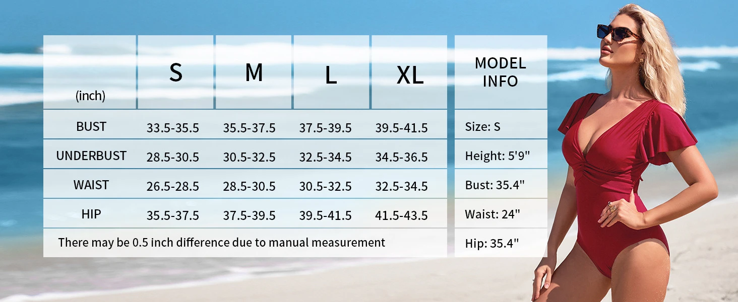 Attraco Women Fashion One-Piece Swimsuit Ruffle Full Coverage Tummy Control Bathing Suit V Neck Retro Removable Bra Swimwear