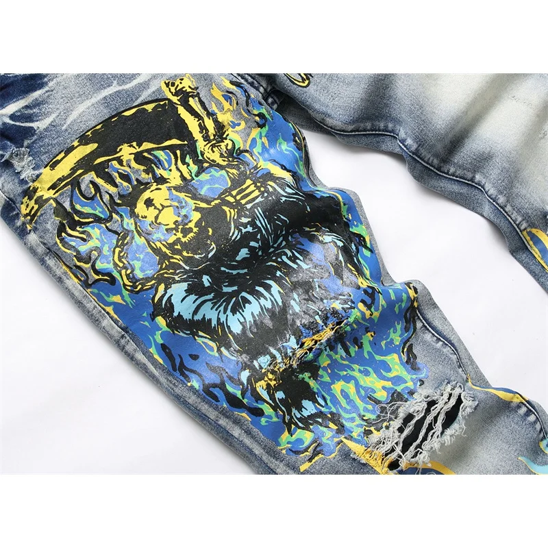 Punk trendy vintage blue jeans men's slim fit stretch ripped print personality unique skinny retro biker's trousers