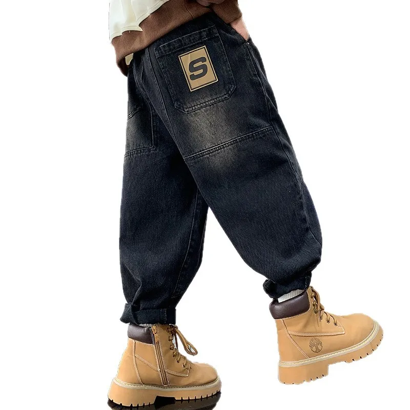 الكورية المألوف الصبي المتكاملة المخملية S كلمة الجينز شتاء دافئ سميكة الصبي الجينز الأطفال السراويل واسعة الساق طفل السراويل