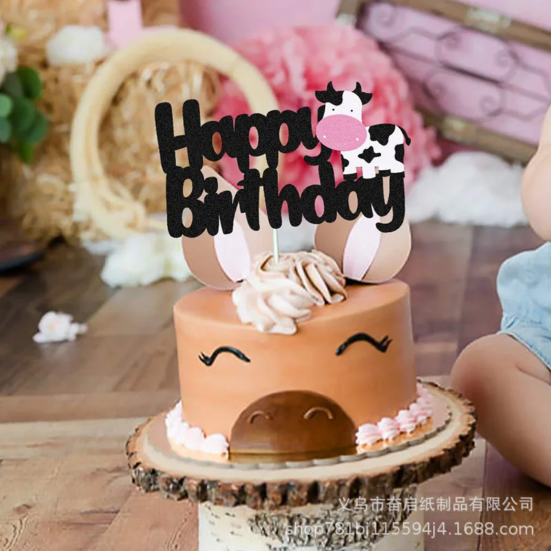 Cow Cake Topper Happy Birthday Cake Decoration Cupcake Toppers Farm Cow Theme Baby Shower Boys Girls Birthday Party Supplies