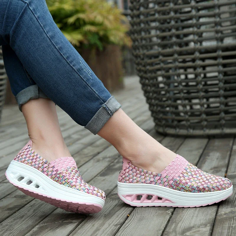 Summer Sneakers Women Shoes Wedges Increased Thick Platform Shoes Woman Woven Breathable Casual Sneakers Tenis Chaussure Femme