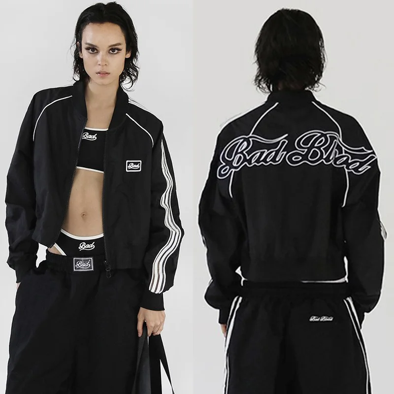 Retro American Casual Baseball Letter Embroidery Spring Autumn Pilot ort Jaet Trendy Slim Fit Commute Sle Zipper Closure