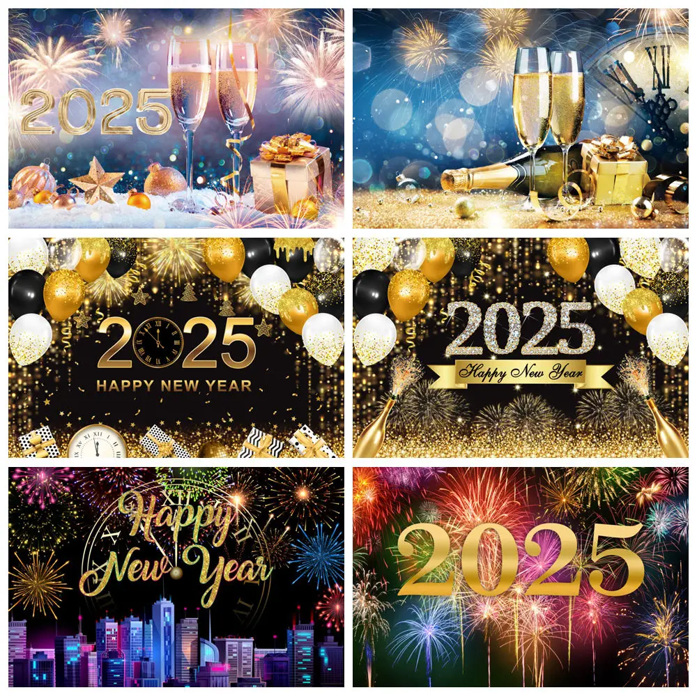 

Happy New Year Photography Backdrop Firework Balloons Clock Champagne Wine Glass Family Party Decor Background Photo Studio Prop