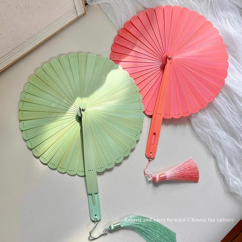 

Light painted national style solid color fruit green all bamboo handmade round bamboo fan portable summer foldable retro wind fa