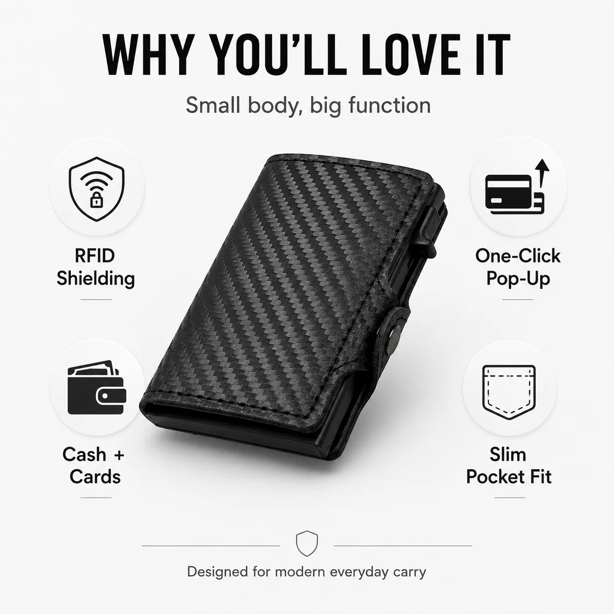 RFID-blockierender Pop-Up-Kartenhalter aus Kohlefaser, Herren-Geldbörse, minimalistisches Kredit- und Ausweiskartenetui, modische Geldbörse, Carteira Masculina – Detail 5