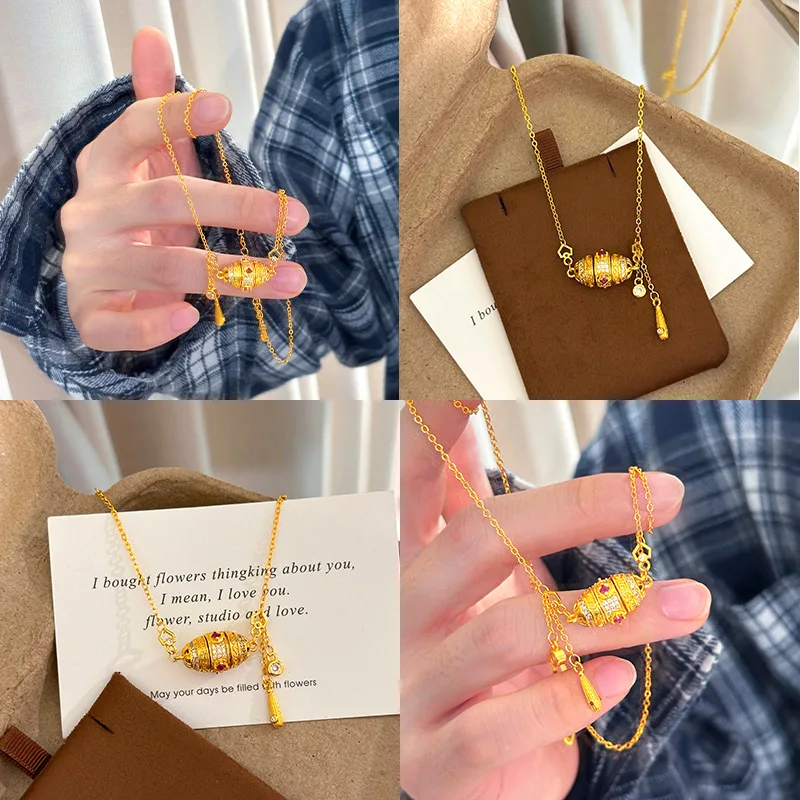 24k 999 gold rotating necklace, set with ruby diamonds, teardrop shaped tassels, and bubble design, can be worn as a necklace a